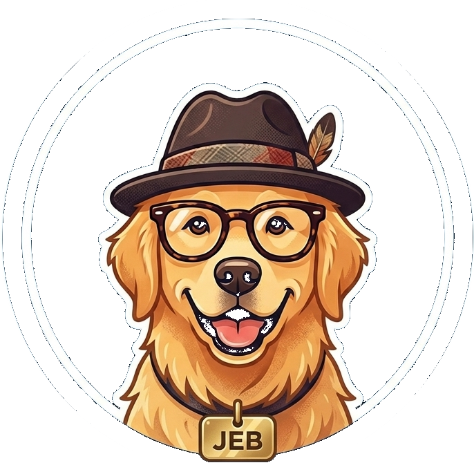 JEB the golden retriever in a fedora and round glasses